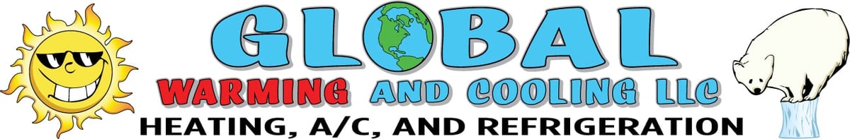 Global Warming and Cooling LLC logo with sun, globe, and polar bear.